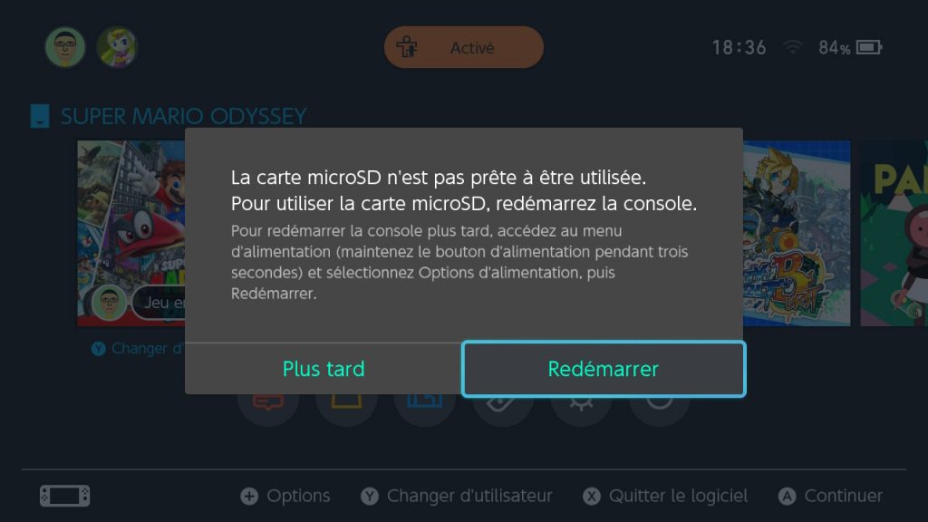 La Switch formatera la carte micro-SD après un redémarrage de la console
